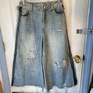 Vtg 90s Jeans Fairy Goth Destress Wide Leg High Rise Women’s S Korea Design Blue